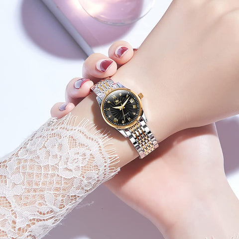 OLEVS Women Automatic Watch Diamond Mechanical Self Winding Fashion Elegant Dress Wrist Watch Black Luminous Waterproof Stainless Steel Date OLEVS