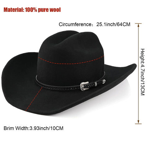 100% Wool Western Cowboy Hat for Men Women Classic Fedora Hat Felt Cowgirls Hats with Two Decorative Bands (US, Alpha, Large, X-Large, Black-A)