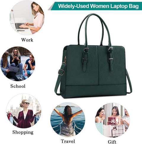 Laptop Bag for Women Leather Work Tote 15.6 Inch Laptop for Computer Bag Waterproof Business Office Professional Large Capacity Handbag Shoulder Bag DeepGreen KTMOUW