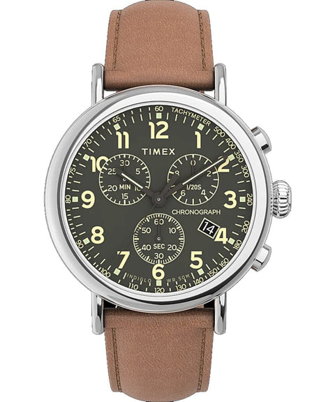 Timex Men's Standard Chronograph 41mm Watch – Silver-Tone Case Green Dial with Brown Leather Strap Timex