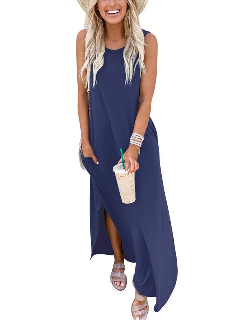 ANRABESS Women Casual Loose Sundress Sleeveless Split Maxi Long Beach Shirt Dress Travel Vacation 2025 Summer Outfits Blue Large ANRABESS