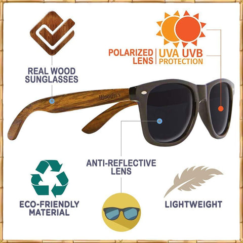 Woodies Walnut Wood Sunglasses with Black Polarized Lenses for Men and Women | 100% UVA/UVB Ray Protection