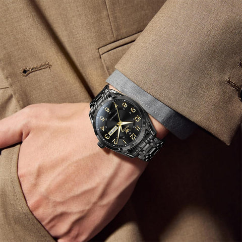 OLEVS Black Watches for Men Classic Business Dress Large Number Analog Watch Waterproof Luminous Easy Reader Male Wristwatch