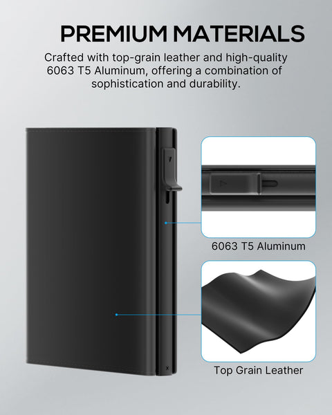 Mens Wallet Card Holder - Smart Wallet for Men, Pop Up Card Case, Top Grain Leather, RFID Blocking, Slim, Minimalist, Ultra Thin, Front Pocket, 9-14 Card Capacity | ID Window | Cash Slot (Black)