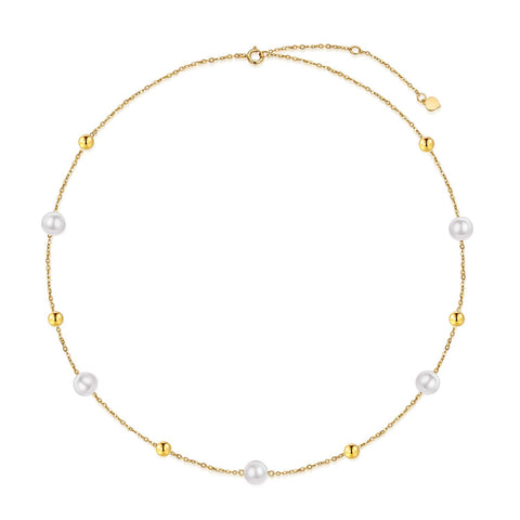 14K Gold Pearl Bracelet for Women Girls Freshwater Cultured Pearl Beads Bracelet Station Tin Cup Pearl Bracelet with Link Chain Dainty Jewelry Gifts for Mom, Wife, 6.5''+1''+1'' SISGEM