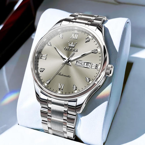 OLEVS Self Winding Watch for Men Automatic Mechanical Watches Luxury Stainless Steel Luminous Waterproof Calendar Mens Watch Silver Band Grey Dial OLEVS