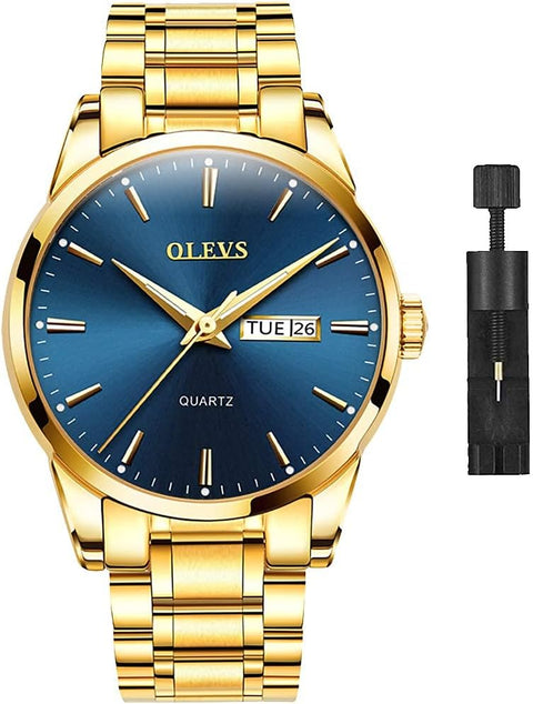 OLEVS Men's Gold Watch,Men Watch Blue Dial Classic Dress Watch with Day Date Satinless Steel Waterproof Fashion Casual Luxury Watch for Man Quartz Simple WristWatches Man,relojes de Hombre OLEVS