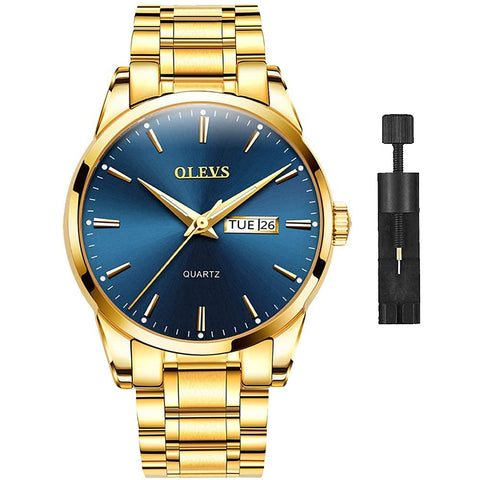 OLEVS Men's Gold Watch,Men Watch Blue Dial Classic Dress Watch with Day Date Satinless Steel Waterproof Fashion Casual Luxury Watch for Man Quartz Simple WristWatches Man,relojes de Hombre OLEVS