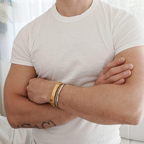 14K Gold Cuff Bracelet Bangle For Men Boys Polished Finish Cuff Black White Bangle Stainless Steel Metal Bracelet with Simple Twisted Line Design Jewelry Gift for Boyfriend CIUNOFOR