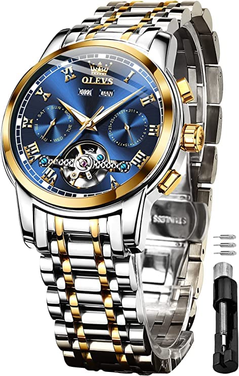 OLEVS Watches for Men Automatic Mechanical Self Winding Blue Dress Tourbillon Stainless Steel Dual Calendar Waterproof Luminous Wrist Watch OLEVS