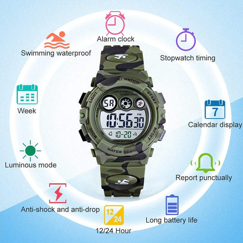 GOLDEN HOUR Watches for Kids Digital Sport Waterproof Boys Watch Outdoor 12/24 H Alarm EL Backlight Stopwatch Military Child Wristwatch Ages 3-15 (Camouflage Green)