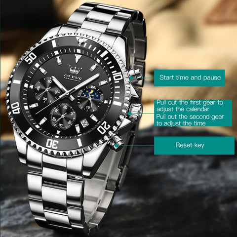OLEVS Watch for Mens Black Face Stainless Steel Chronograph Watches Men Big Dial Classic Rotatable Bezel Silver with Day-Date Luxury Watches for Mens Dress Father Gift Watch Reloj De Hombre