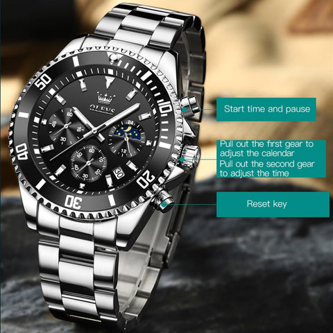 OLEVS Watch for Mens Black Face Stainless Steel Chronograph Watches Men Big Dial Classic Rotatable Bezel Silver with Day-Date Luxury Watches for Mens Dress Father Gift Watch Reloj De Hombre