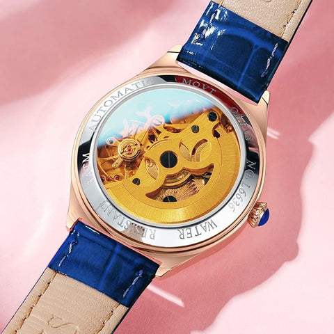 OLEVS Watches for Women Automatic Mechanical Ladies Watch Leather Strap Self-Winding reloj para Mujer Diamond Heart dial Waterproof Luminous red Female Watch Blue OLEVS
