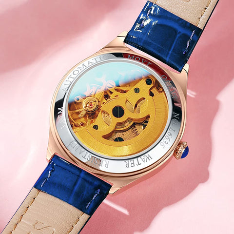OLEVS Watches for Women Automatic Mechanical Ladies Watch Leather Strap Self-Winding reloj para Mujer Diamond Heart dial Waterproof Luminous red Female Watch Blue OLEVS