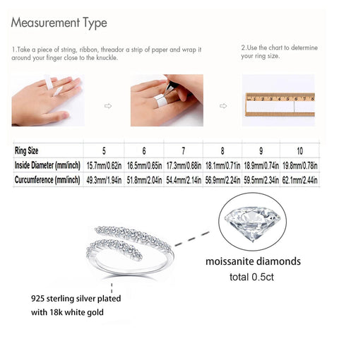 HZSIKAO Moissanite Ring Bands, Sterling Silver Engagement Rings Moissanite Diamond Open Eternity Wedding Band for Women Size 9 HZSIKAO