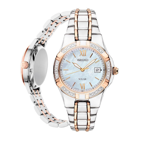 SEIKO SUT068 Watch for Women - Diamond Collection - with 18 Diamond Accents, Solar Power, Mother-of-Pearl Dial, Two-Tone Rose Gold Stainless Steel Case & Bracelet, and Water-Resistant to 50m SEIKO