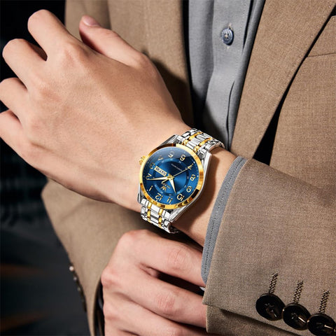 OLEVS Mens Watch Blue Classic Large Analog Male Watch Two Tone Stainless Steel Calendar Waterproof Luminous Gift Watch for Father