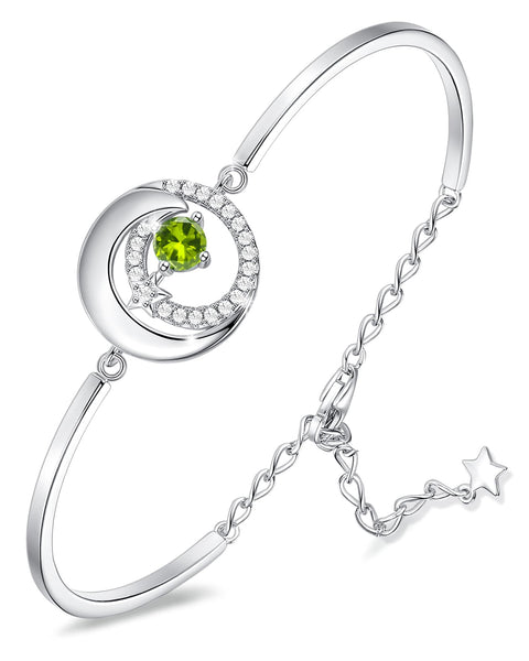 FANCIME Genuine Peridot August Birthstone Bracelets for Women Sterling Silver Moon and Star Bangle Charm Bracelet Natural Gemstone Fine Jewelry Birthday Anniversary Christmas Gifts for Mom FANCIME