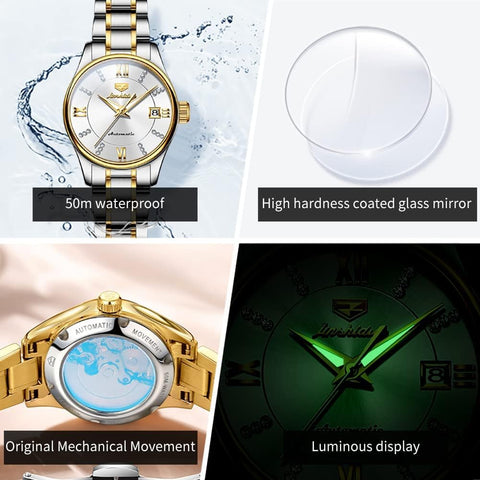 OLEVS Women Watches Automatic Mechanical Luxury Diamond Dress White Wrist Watches Stainless Steel Waterproof Luminous Date OLEVS