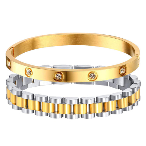 MPRAINBOW 2pcs Gold Chain Link Bracelet - Stainless Steel Love Cubic Zirconia Crystal Friendship Bracelet Bangle,Watch Band Chain Wristband Jewelry with Adjust Tool MPRAINBOW
