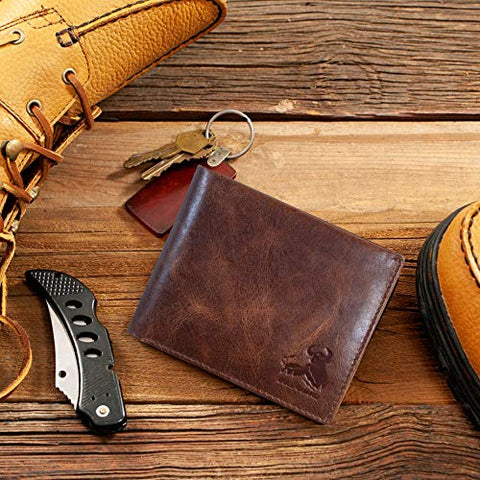 BULL GUARD Mens RFID Blocking Bifold Wallet Soft Genuine Leather Brown Western | Secure and Durable Extra Capacity Billfold with 11 Credit Cards, Flip Up ID BULL GUARD