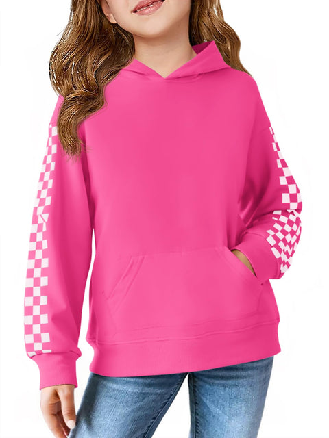 Haloumoning Girls Hoodies Kids Boys Fashion Plaid Long Sleeve Hooded Sweatshirt with Kangaroo Pocket 5-14 Years Hot Pink