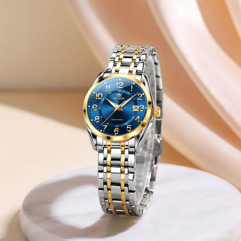 OLEVS Womens Watches Classic Business Two Tone Analog Quartz Female Wristwatch Ladies Luminous Calendar Easy Read Blue Reloj de Mujer