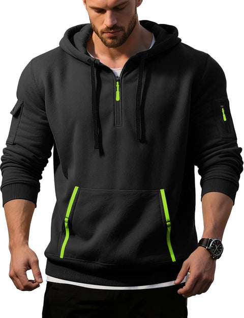 QOSOQ Men's Pullover Hoodies Quarter Zip Long Sleeve Shirts Drawstring Sports Casual Hooded Sweatshirts with Pockets Black