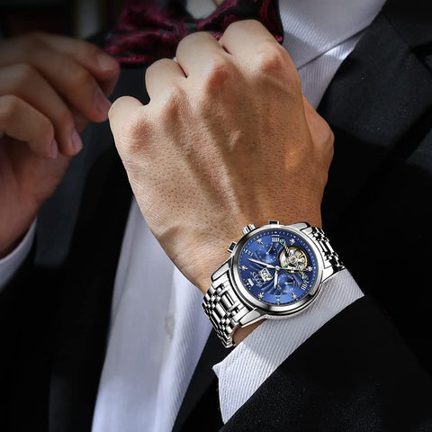 OLEVS Watches for Men Skeleton Automatic Mechanical Diamond Self Winding Gold Luxury Wristwatch Luminous Waterproof Business Dress Watch OLEVS