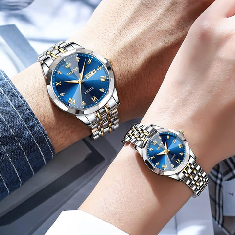 OLEVS Watch for Men Blue Big Face Watch for Men Two Tone Men's Wrist Watches Stainless Steel Waterproof Casual Fashion Mens Watches Luxury Diamond Quartz Men Watch relojes para Hombres OLEVS