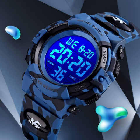 Kids Digital Watch Boys Outdoor Sports 50M Waterproof Girls Watches Alarm Clock 12/24 H Stopwatch Calendar for Ages 3-15 Boy Girl Wristwatch Kids Gift,Camo Dark Blue X