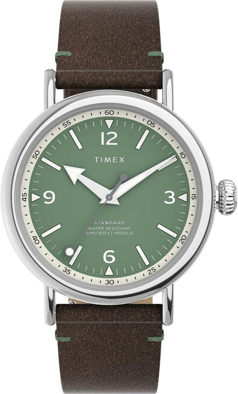 Timex Men's Standard 40mm Watch - Brown Strap Green Dial Silver-Tone Case Timex