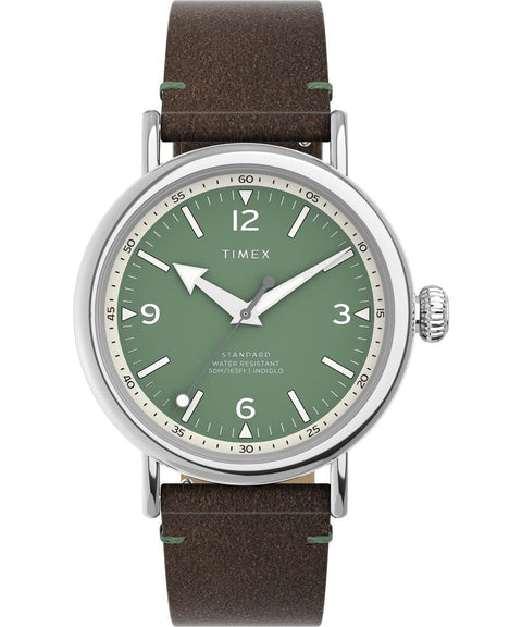 Timex Men's Standard 40mm Watch - Brown Strap Green Dial Silver-Tone Case Timex