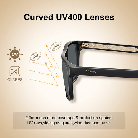 CARFIA Black Curved Acetate Polarized Sunglasses for Men UV Protection, Cool Retro Eyewears with Embossed Pattern Wire Core