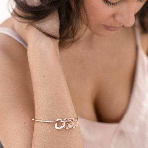 MyNameNecklace MYKA - Personalized Bracelet Bangle with Heart Pendants - Custom Made Multiple Pendant Jewelry Wife Women Christmas Gift (Rose Gold Plated Sterling Silver) MyNameNecklace