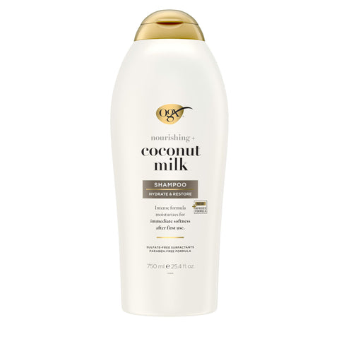 OGX Nourishing + Coconut Milk Shampoo, Hydrating & Restoring Shampoo Moisturizes for Soft Hair After the First Use, Paraben-Free, Sulfate-Free Surfactants, 25.4 fl. oz