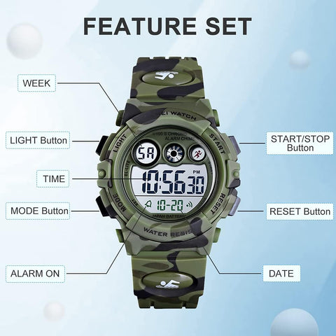 GOLDEN HOUR Watches for Kids Digital Sport Waterproof Boys Watch Outdoor 12/24 H Alarm EL Backlight Stopwatch Military Child Wristwatch Ages 3-15 (Camouflage Green)