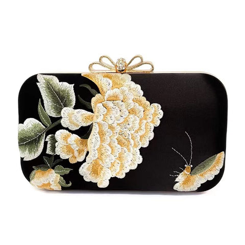 AININTON Women Embroidered Bag Silk Shoulder Bag Black Handbag Rectangle Crossbody Bag with Pearl Chain for Wedding Party Banquet AININTON