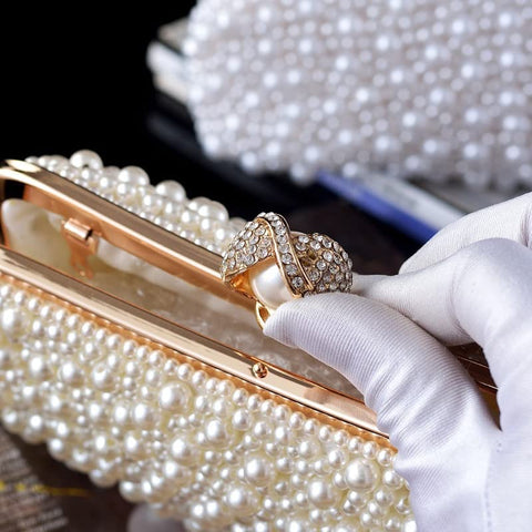 ASPHODELCHIC Women Pearl Evening Bag Bride Beaded Clutch Purse Cream White for Wedding Party (Ivory white) Small ASPHODELCHIC