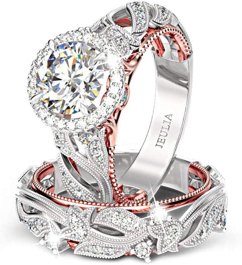 Jeulia 4 Carat Leaf Rings for Women 925 Sterling Silver 18 K Rose Gold Plated Round Cut Engagement Ring Set White Diamond Halo Cubic Zirconia Wedding band CZ Solitaire Anniversary Promise Rings (7) Jeulia