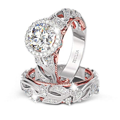 Jeulia 4 Carat Leaf Rings for Women 925 Sterling Silver 18 K Rose Gold Plated Round Cut Engagement Ring Set White Diamond Halo Cubic Zirconia Wedding band CZ Solitaire Anniversary Promise Rings (7) Jeulia