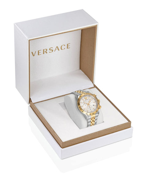 Versace Hellenyium Collection Luxury Mens Watch Timepiece with a Two Tone Bracelet Featuring a Two Tone Case and Silver Dial Versace