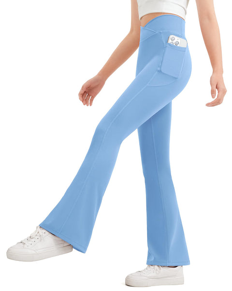 JOCMIC Girls Flare Leggings Kids Bell Bottom High Waisted Dance Yoga Flared Pants Sky Blue 9-10 Years