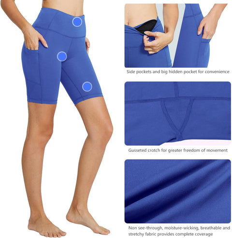 baleaf Biker Shorts Women Yoga Gym Workout Spandex Athletic Running Volleyball Tummy Control Compression with Pockets 8" Earth Blue L baleaf