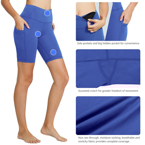 baleaf Biker Shorts Women Yoga Gym Workout Spandex Athletic Running Volleyball Tummy Control Compression with Pockets 8" Earth Blue L baleaf