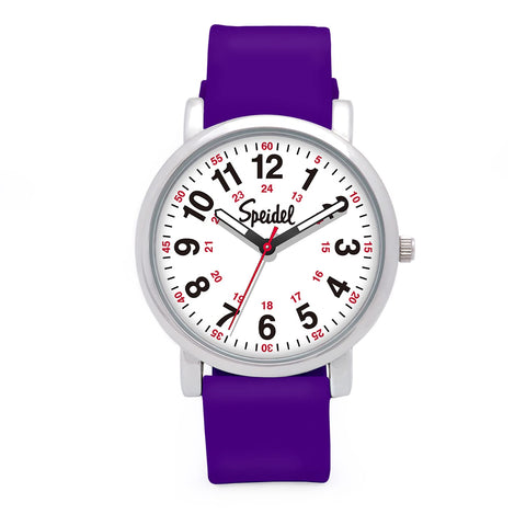 Speidel Original Scrub Watch™ Nurses Doctors Medical Professionals Students Men Women Unisex Easy Read Dial Military Time Red Second Hand Silicone Band Water Resistant-Purple Speidel