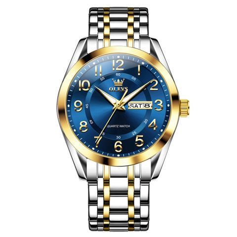 OLEVS Mens Watch Blue Classic Large Analog Male Watch Two Tone Stainless Steel Calendar Waterproof Luminous Gift Watch for Father