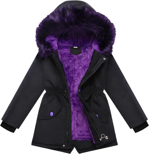 Girls Black Winter Coat Size 11-12 Fleece Hooded Puffer Jackets Kids Black Parka