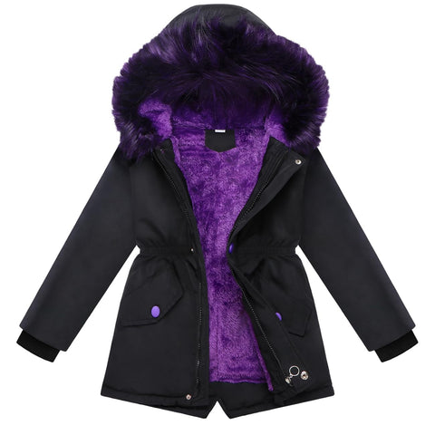 Girls Black Winter Coat Size 11-12 Fleece Hooded Puffer Jackets Kids Black Parka